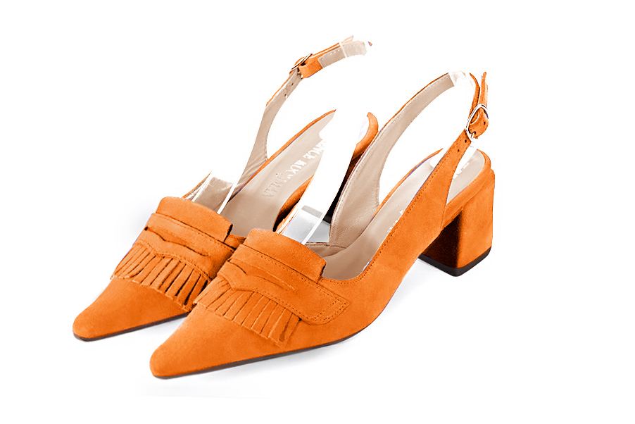 French elegance and refinement for these apricot orange dress slingback shoes, 
                available in many subtle leather and colour combinations. Fans of originality will appreciate the fringes and the "Offbeat Rock" side.
To be personalized or not, with your materials and colors.  
                Matching clutches for parties, ceremonies and weddings.   
                You can customize these shoes to perfectly match your tastes or needs, and have a unique model.  
                Choice of leathers, colours, knots and heels. 
                Wide range of materials and shades carefully chosen.  
                Rich collection of flat, low, mid and high heels.  
                Small and large shoe sizes - Florence KOOIJMAN